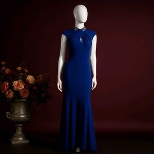 Elegant Blue Maxi Gown with Embellished Neckline