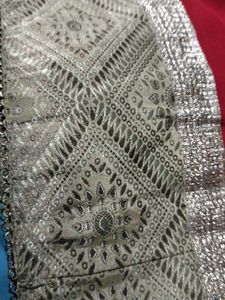 Red Saree with Silver Border