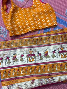 Elegant White &amp; Orange Sari with blouse and falls
