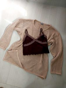 H&m Brown Tank and a beige Net Top Set.