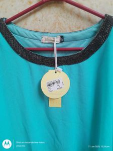Teal Blouse with Embellished Neckline
