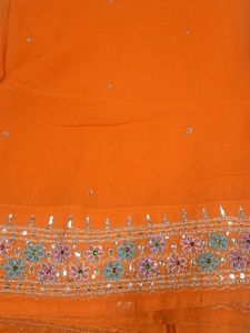 Orange Floral Embroidered Sari