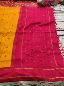 Yellow &amp; maroon red pure Silk Saree