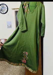Olive Green Embroidered Kurti Set