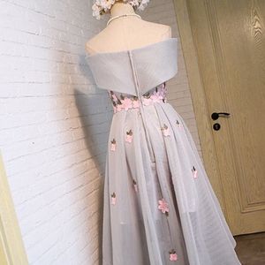 A-Line Off-Shoulder High-Low Gray Organza Prom Dre