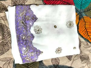 Elegant White &amp; Lilac Embroidered Saree