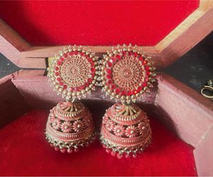 Cute Jhumka Earrings Sets, dark red &amp; green jhumk