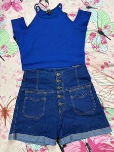 Blue Top &amp; Denim Shorts Set
