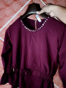 Burgundy Blouse with Embellished Neckline