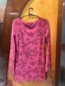 Maroon Red Floral Long Sleeve Mini Dress