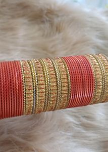 Orange and Gold Metal Bangles Set Of 48
