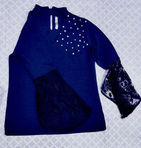 Navy Pearl Detail Lace Sleeve Top