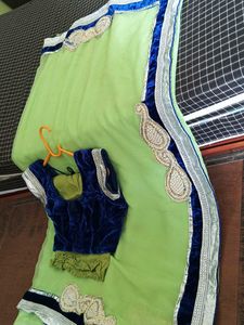 Pista And Blue Color Velvet Touch Saree