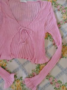 Pink Tie up Ribbed Top