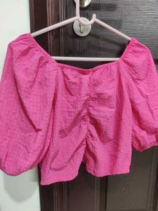 Pink Puff Sleeve Ruched Crop Top