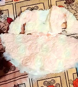 White&amp;Peach Net Floral Jacket Frock In Fur Fabric