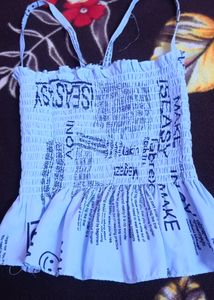 Blue Shirred Text Print Top With Shirt