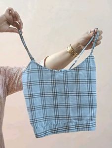 Blue Checkered Smocked Crop Top