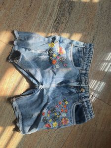 Embroidered Denim Shorts