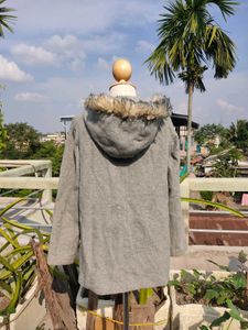 Gray Winter Coat with Faux Fur Hood