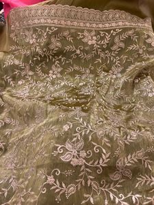 Olive Green Organza  Fabric 3 Piece Suit Set