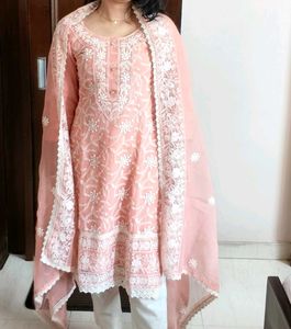 Women Peach Cotton Mix Chikankari Work Suit