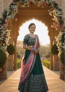 Gorgeous Green Festive Lehenga with Peach Dupatta