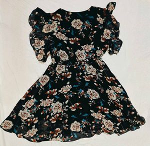 Midnight Bloom Fit And Flare Dress With Waist Tie