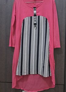 High Low Pink Top with Black N White Stripes