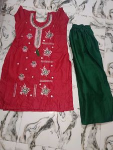 Red Embroidered Kurti with Green Pants