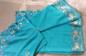 Teal &amp; Gold Embroidered Saree