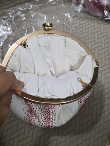 White Designer Potli Clutch With Pearl Handle