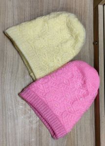Pearl Embedded Fur Caps - Pink & Lemon