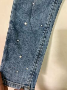 Distressed Pearl Embellished Denim Jeans