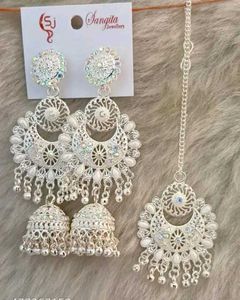 Silver Jhumka Earrings & Maang Tikka Set