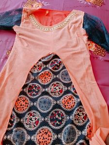 Pink And Blue Gown With 3/4 Sleeves