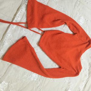 Shein Rusty Orange Drawstring Ribbed  Top