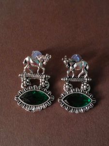 Horse Design Green Stone Earrings
