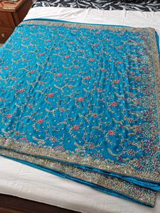 Teal Embroidered Sari
