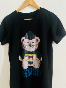 Black T-Shirt Dress with Teddy Bear