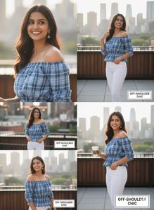 Blue Plaid Off-Shoulder Top