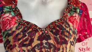 Y2K Chettah Print Kurti , Collar-full Beaded