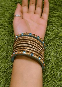Blue &amp; Gold Beaded Bangle Set