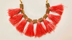 Pink Handmade Tassel Statement Necklace 6in