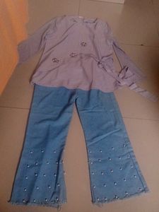 XL Size Cute Top &amp; Pearl Denim Jeans Set
