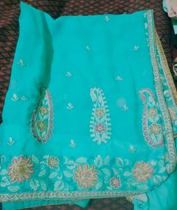 Teal Embellished Saree with Blouse
