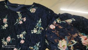 Navy Blue Lace Top with Floral Patterns