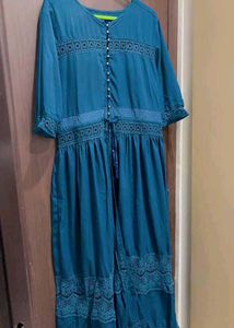 Teal Embroidered dress front cut