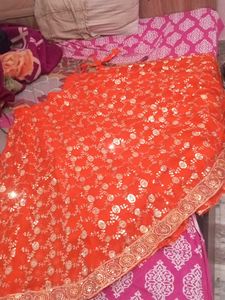 Orange Sequin Embellished Lahenga