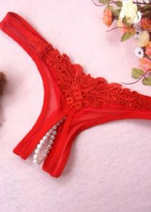 Red Lace Thong with Pearl Detail